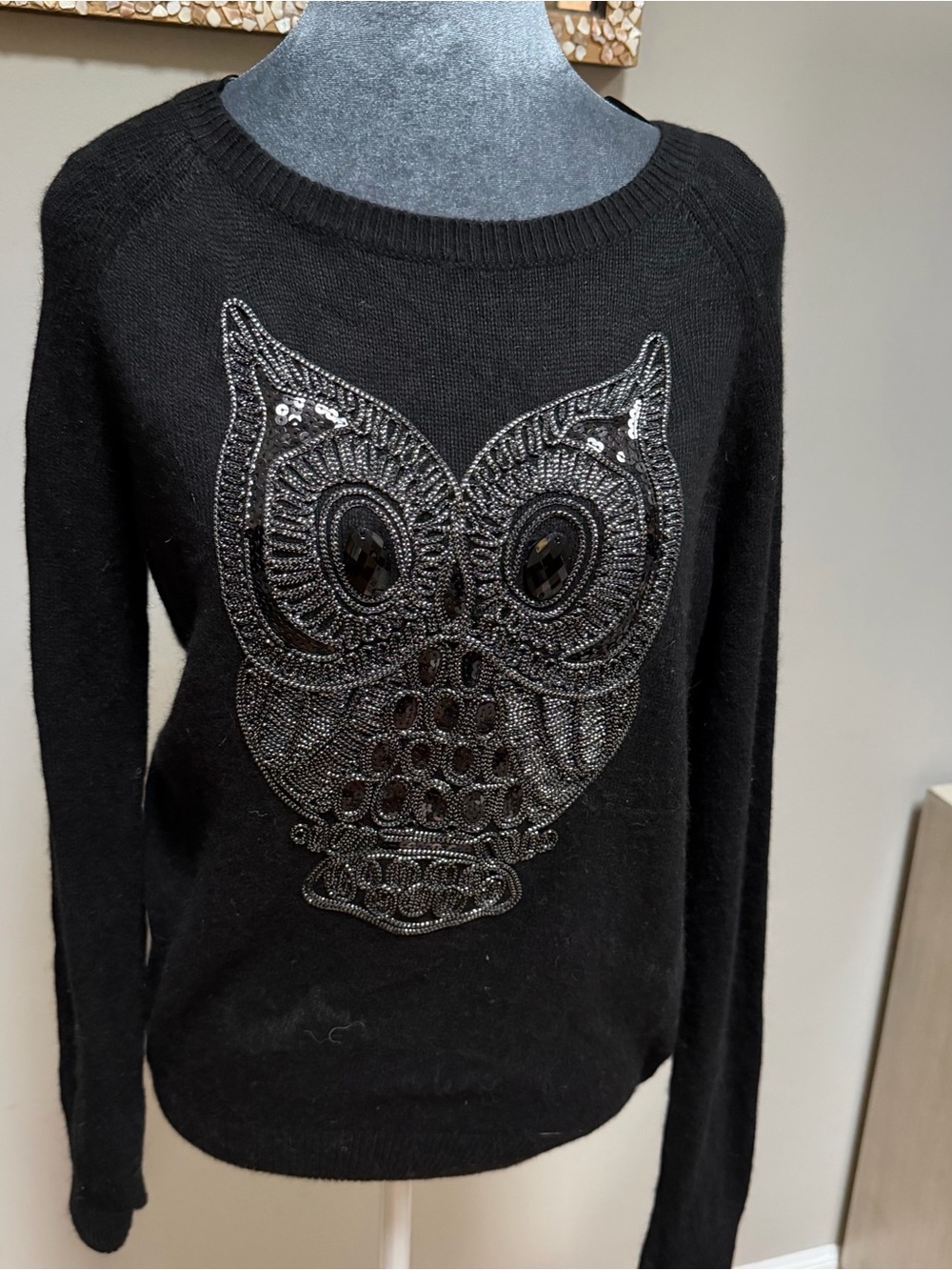 H&M black angora blend owl sweater sequined beaded Small Long Sleeve jeweled
